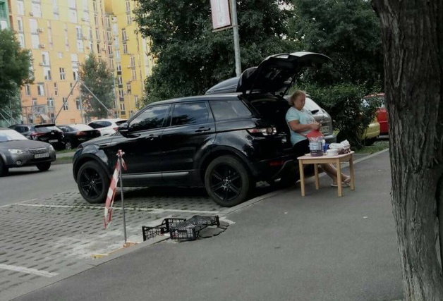 Вместо зонтика: Сеть рассмешила пенсионерка, продающая сливы с Range Rover Evoque