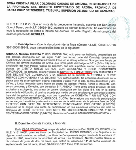 Из этого документа следует, что Александр Козлов и Алена Сокольская владели бунгало в Ароне, которое впоследствии было продано Ольге Воловиковой