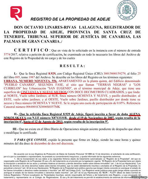 Документ, подтверждающий, что Алена Сокольская владела квартирой в 59 кв.м в Адехе с 2007 по 2013 г.